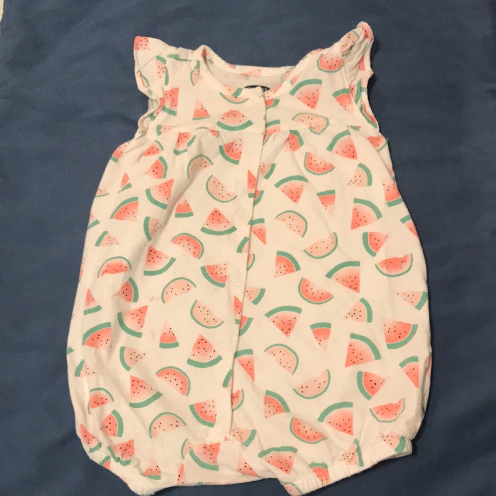 Watermelon print bubble romper. 6-12 m.